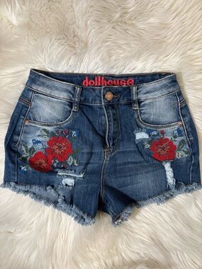 Dollhouse Dark Blue Denim Shorts with Red Floral Embroidery